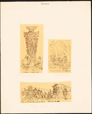 Grabkreuze in der Kleinen Walachei, auf einem walachischen Friedhof und am Pfad nach Tirgu Giulu: Drei Blätter mit Durchzeichnungen: Perspektivische Ansichten der Kreuze, nach dem Neuen Blatt, 1871, S. 201 (Walachischer Friedhof) und dem Globus XV, 1869, S. 296 (Tirgu Giulu)