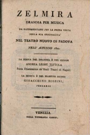 Zelmira : Dramma per musica