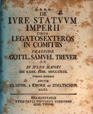 De Ivre Statvvm Imperii Circa Legatos Exteros In Comitiis