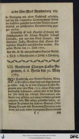 VIII. Revidirtes Chargen-Cassen-Reglement, d.d. Berlin den 30. May 1765.