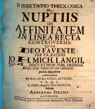 Diss. theol. de nuptiis ob affinitatem in linea recta controversis