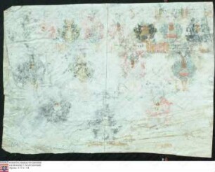 Ahnenprobe des Johann Philipp Karl Anton (späterer Zusatz) v. Fechenbach, Pergament, Wappen koloriert jedoch nur in Spuren erhalten auch die Schrift ist nur rudimentär erhalten,. Siehe auch 105