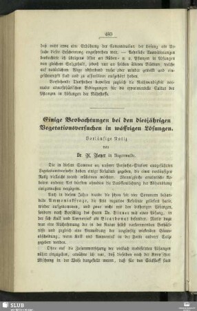 Einige Beobachtungen bei den diesjährigen Vegetationsversuchen in wässrigen Lösungen