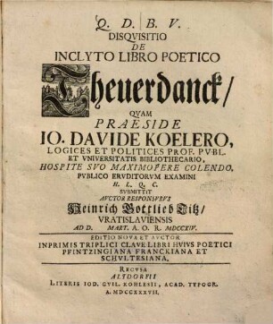 Disquisitio De Inclyto Libro Poetico Theuerdanck