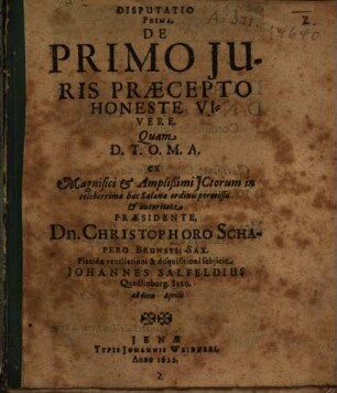Disputatio Prima, De Primo Iuris Praecepto Honeste Vivere