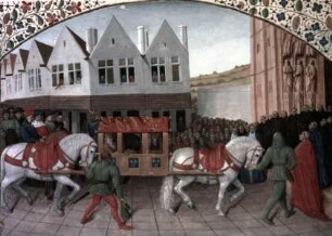 Grandes Chroniques de France — Ankunft und Empfang des Kaisers Karl IV. in Saint-Denis, Folio 444