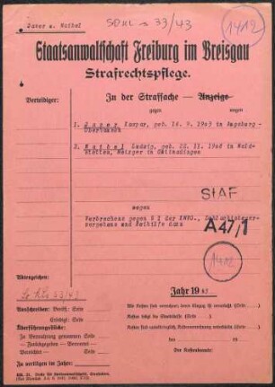 Angeklagte: Jaser, Kaspar (Metzger); Gottmadingen *16.09.1903 in Oberhausen (Bayern); + ? Waibel, Ludwig (Metzgermeister); Gottmadingen *22.11.1908 in Waldstetten; + ? Delikt: Verbrechen gegen die Kriegswirtschaftsverordnung Schwarzschlachtung Tatort: Gottmadingen Tatzeit: März 1940-November 1941