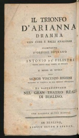 Der Triumph der Ariadne : ein Schauspiel mit Chören und darauf Bezug habenden Tänzen