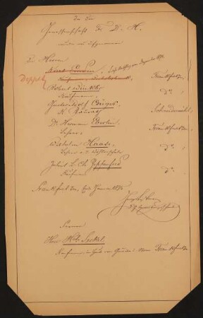 Liste "In die Genossenschaft F.D.H. wurden neu aufgenommen" (Ende Januar 1875)