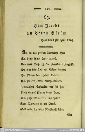 63. Herr Jacobi an Herrn Gleim. Halle den 13ten Febr. 1768