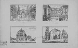 Vier Dresdner Theaterbauten : Vier Dresdner Theaterbauten: o. l. Großes Opernhaus am Zwinger (1719, ab 1772 Redoutensaal), o. r. Klengel'sches Komödienhaus (1664/1667), u. l. Morettisches Opernhaus (Moretti-Theater) im Italienischen Dörfchen (erbaut 1755, abgebrochen 1841), u. r. Theater auf dem Linckeschen Bade (1776/1858). Um 1850. Kupferstich; 15,5 x 21 cm, je 5,5 x 8,4 cm. Dresden: SLUB/KS Sax.G.2712 = B1927