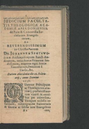 Judicium Facultatis Theologicae Academiae Aberdoniensis, de Pace & Concordia Ecclesiarum Evangelicarum.