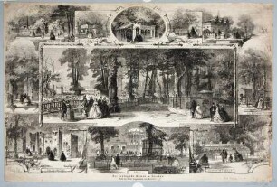 Der Zoologische Garten in Dresden, große Gesamtansicht und zahlreiche kleine Abbildungen wahrscheinlich anlässlich der Eröffnung 1861