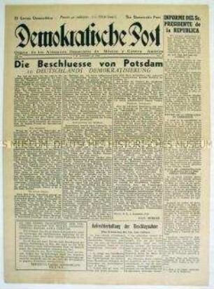 Wochenzeitung deutscher Emigranten in Mexico "Demokratische Post" zum Potsdamer Abkommen