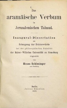 Das aramäische Verbum im Jerusalemischen Talmud : ein Beitrag zur Kenntnis eines westaramäischen Dialekts