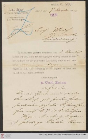 Briefe von Carl Zeiss (Jena) an Max Wolf: Brief von Carl Zeiss (Jena) an Max Wolf