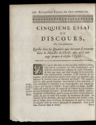 Cinquiéme Essai Ou Discours, Oú l'on recherche Quelles sont les Qualités qui doivent se trouver ...