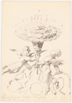 Neujahr Glückwunsch Karte 1875: Zwei Putti einen Blumenstrauß haltend