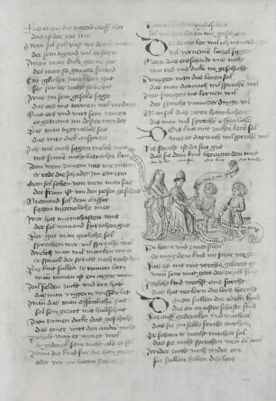 Textseite mit Illustration, Die Zucht, maister, Das kint, Die Horcht (Gehorsamkeit), Blatt 9r