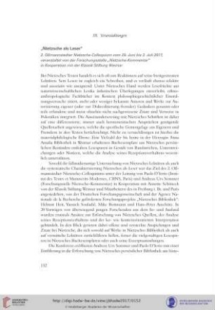 Nietzsche als Leser : 2. Oßmannstedter Nietzsche-Colloquium vom 29.Juni bis 2. Juli 2017, veranstaltet von der Forschungsstelle „Nietzsche-Kommentar“ in Kooperation mit der Klassik Stiftung Weimar