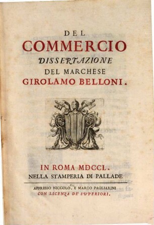 Hieronymi Belloni Del commercio dissertazione