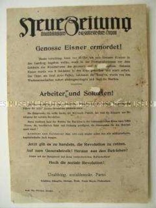 Flugblatt der "Neuen Zeitung" zur Ermordung von Kurt Eisner