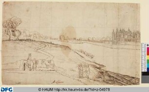 Flusslandschaft mit Menschen und Tieren am Ufer, gegenüber eine Stadt