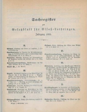 Sachregister zum Gesetzblatt für Elsaß-Lothringen. Jahrgang 1885