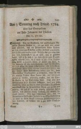 Am 3 Sonntag nach Trinit. 1784. über das Evangelium am Feste Johannis des Täufers. Luc. 1, 57 - 80.