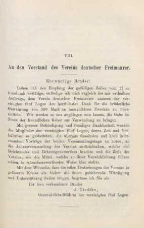 VIII. An den Vorstand des Vereins deutscher Freimaurer.