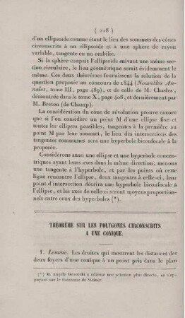 Théorème sur les polygones circonscrits a une conique.