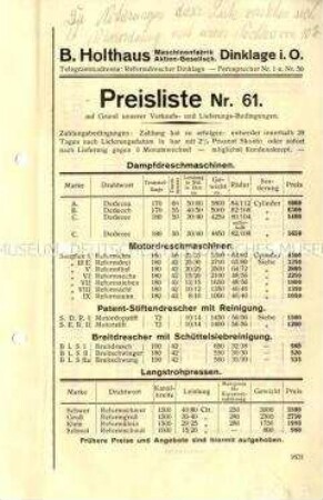 Preisliste über Dreschmaschinen