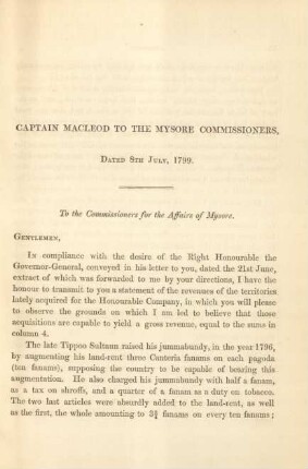 Captain Macleod to the Mysore comissioners ...