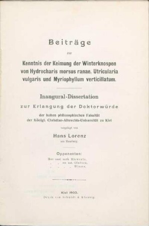 Beiträge zur Kenntnis der Keimung der Winterknospen von Hydrocharis morsus ranae, Utricularia vulgaris und Myriophyllum verticillatum