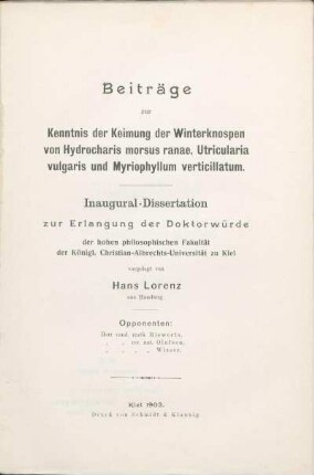Beiträge zur Kenntnis der Keimung der Winterknospen von Hydrocharis morsus ranae, Utricularia vulgaris und Myriophyllum verticillatum