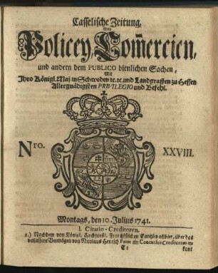 Nro. XXVIII, Montags, den 10. Julius 1741