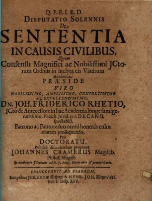 Disputatio Solennis De Sententia In Causis Civilibus