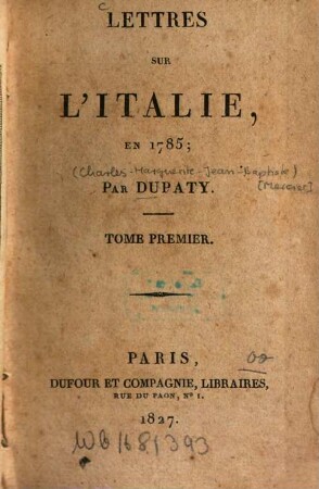 Lettres sur l'Italie en 1785. 1