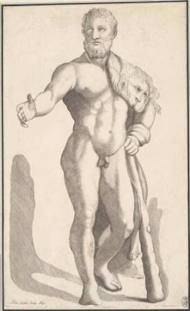 Statuette des Herkules mit Keule und Löwenfell, Ansicht von vorn, Abb. 1 aus: Disegni intagliati in rame di pitture antiche ritrovate nelle scavazioni di Resina, Neapel 1746