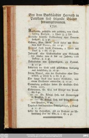 Bey dem Buchhändler Horvath in Potsdam sind folgende Bücher herausgekommen. 1782.