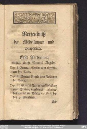 Verzeichniß der Abtheilungen und Hauptstücke.