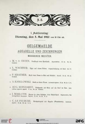 Oelgemälde, Aquarelle und Zeichnungen moderner Meister (Nr. 1-147a)