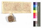 1305 Aug. 13 (idus Augusti) Ruprecht Edler von Dürn (Durne) [zu Forchtenberg] bekundet: Dieter von Rossriet (Rosryth) hat seine Güter in Diebach (Dypach) beim Weiler Muthof (iuxta wyler quod dicitur zu dyr Mut) mit allen Rechten und Zugehörden und mit Gefällen von 2 lb 4 ß hl, Lehen des A., an Gerung, Metzger (carnifex), Bürger des A. in Forchtenberg (Vortinberg), verkauft. Der A. erteilt seine Einwilligung und übertragt Gerung und seinen Erben den Besitz als Zinsgut zum Zins von jährlich 1 Gans. Zeugen: 1) Walter von Enslingen (Enselingyn), 2) Konrad, Schultheiß in Forchtenberg, 3) Sifrid Burger, 4) Heinrich Salzmann (-man), 5) Dietrich [und] 6) Konrad Weißlensburg (Wizyngisburg) Siegler: der A. Ausf. Perg., lat., besch. - 1 Sg., besch. - Rv.: Super bona in Dypach iuxta villulam Mut situatam, primissarie in Berlich[ingen] attinencia Prov.: Carnifex zu Forchtenberg