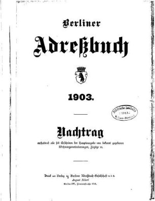 Adreßbuch für Berlin und seine Vororte 1903 Nachtrag