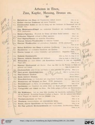 Arbeiten in Eisen, Zinn, Kupfer, Messing, Bronze etc (Nr, 611-705)