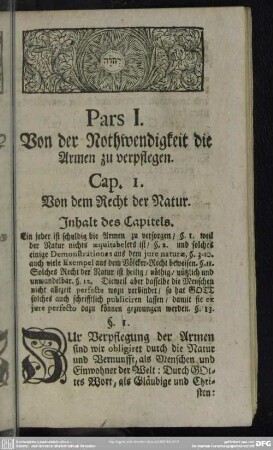 Pars I. Von der Nothwendigkeit die Armen zu verpflegen