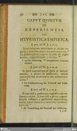 Caput Quintum. De Experientia seu Heuristica Empirica