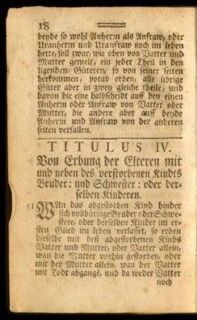 Titulus IV. Von Erbung der Elteren mit und neben des verstorbenen Kindts Bruder: und Schwester: oder derselben Kinderen.