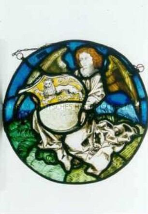 Bleiglasfenster mit Darstellung des Evangelisten Markus mit Löwen