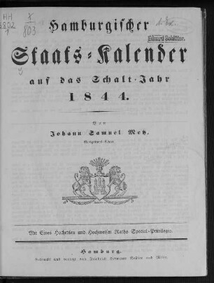 1844: Hamburgischer Staats-Kalender : auf das Jahr